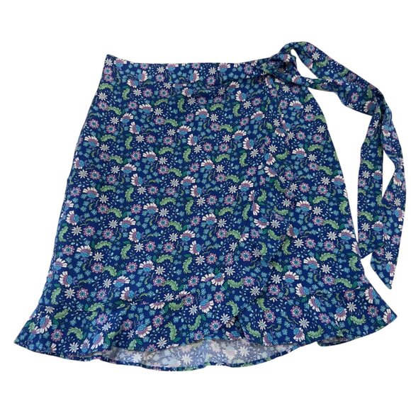 LOFT Floral Wrap Skirt With Ruffle Hem Blue/Green Womens Petite 2P Linen Blend - Picture 8 of 9